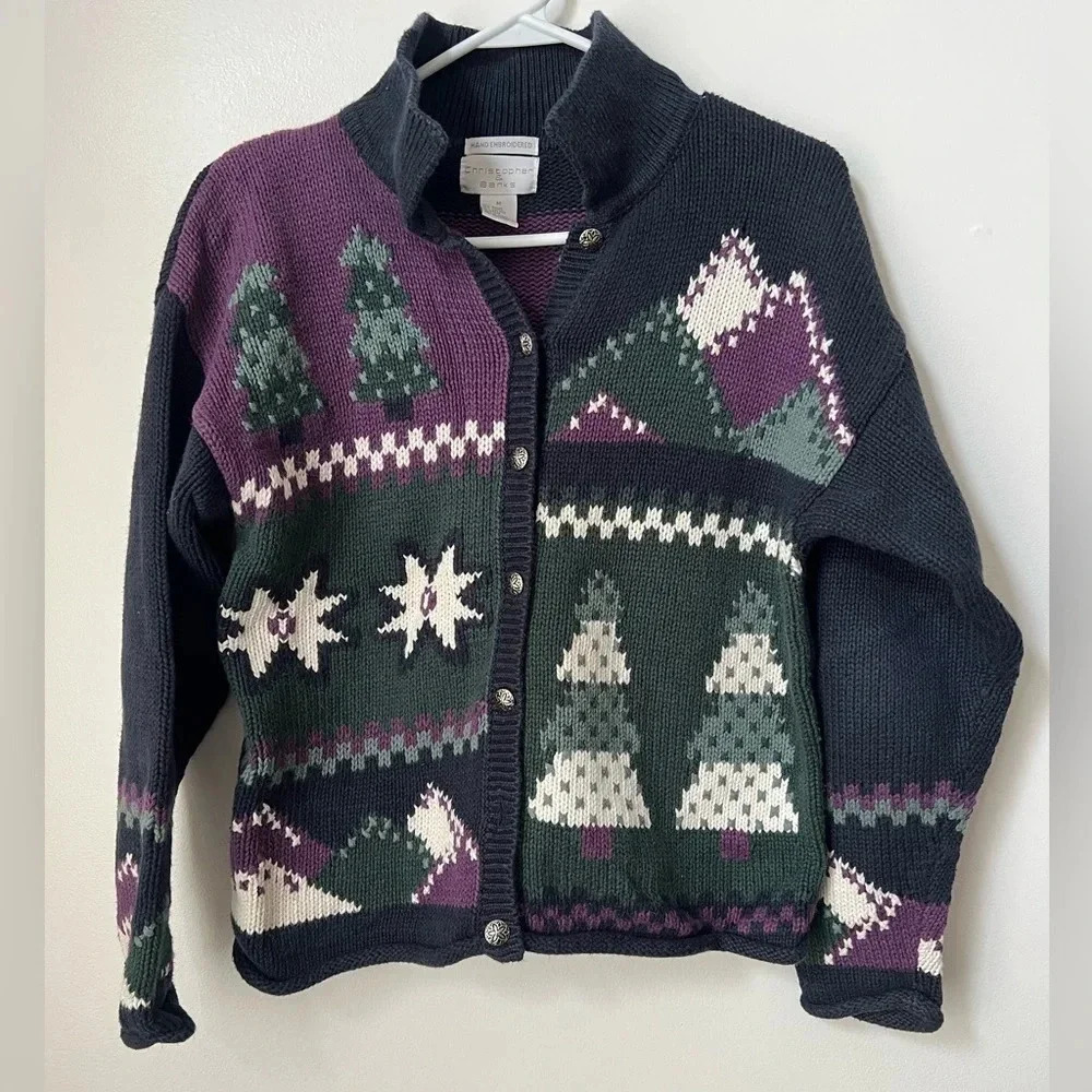 Vintage Hand Embroidered Winter Mountain Cardigan Sweater